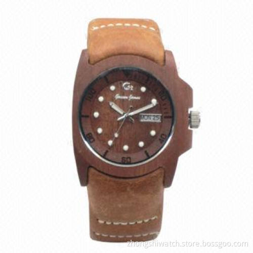 Sporty Men's Wooded Wristwatch with Cowhide Band, Hard Mineral Glass, Customized Designs are Welcome